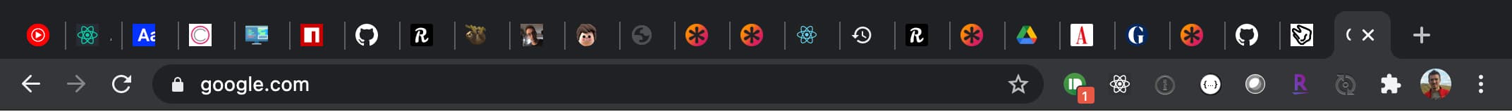 Screenshot of my open browser. Many open tabs mean only the favicon is visible, so familiarity is required to select the correct one.